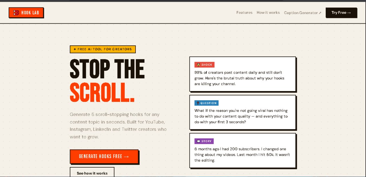 Hook Lab: Generate 5 Scroll-Stopping Hooks in Seconds, Free
